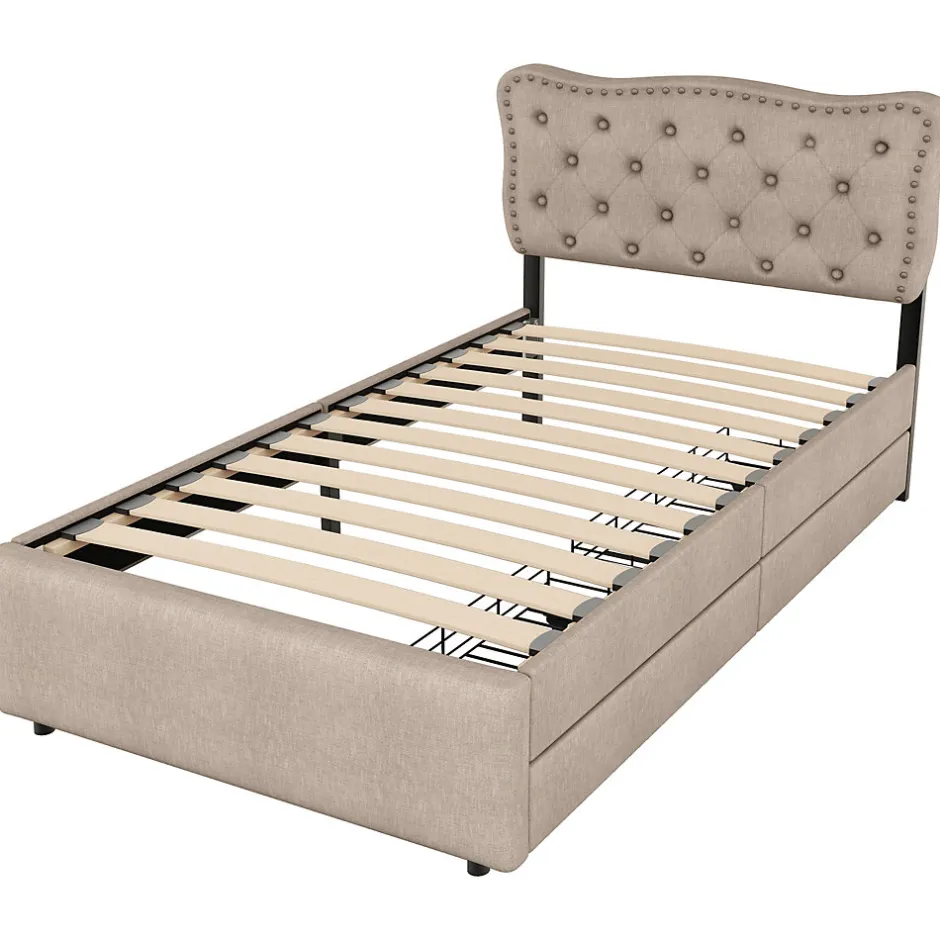 Okwish Lit avec rangement 90x200 cm simple capitonné avec 2 tiroirs et tête de lit ondulée cloutée - revêtement en lin beige foncé