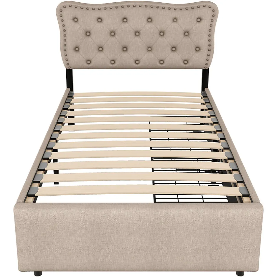 Okwish Lit avec rangement 90x200 cm simple capitonné avec 2 tiroirs et tête de lit ondulée cloutée - revêtement en lin beige foncé