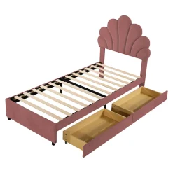 Okwish Lit avec rangement 90x200 cm simple enfant fille capitonné avec 2 ablagefächer et lattenrost, velours+bois rose, sans matelas