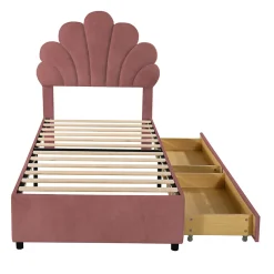 Okwish Lit avec rangement 90x200 cm simple enfant fille capitonné avec 2 ablagefächer et lattenrost, velours+bois rose, sans matelas