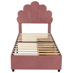 Okwish Lit avec rangement 90x200 cm simple enfant fille capitonné avec 2 ablagefächer et lattenrost, velours+bois rose, sans matelas
