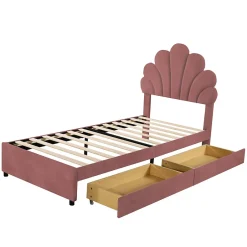 Okwish Lit avec rangement 90x200 cm simple enfant fille capitonné avec 2 ablagefächer et lattenrost, velours+bois rose, sans matelas
