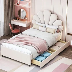 Okwish Lit avec rangement 90x200 cm simple enfant fille capitonné avec 2 ablagefächer et lattenrost, velours+bois beige, sans matelas