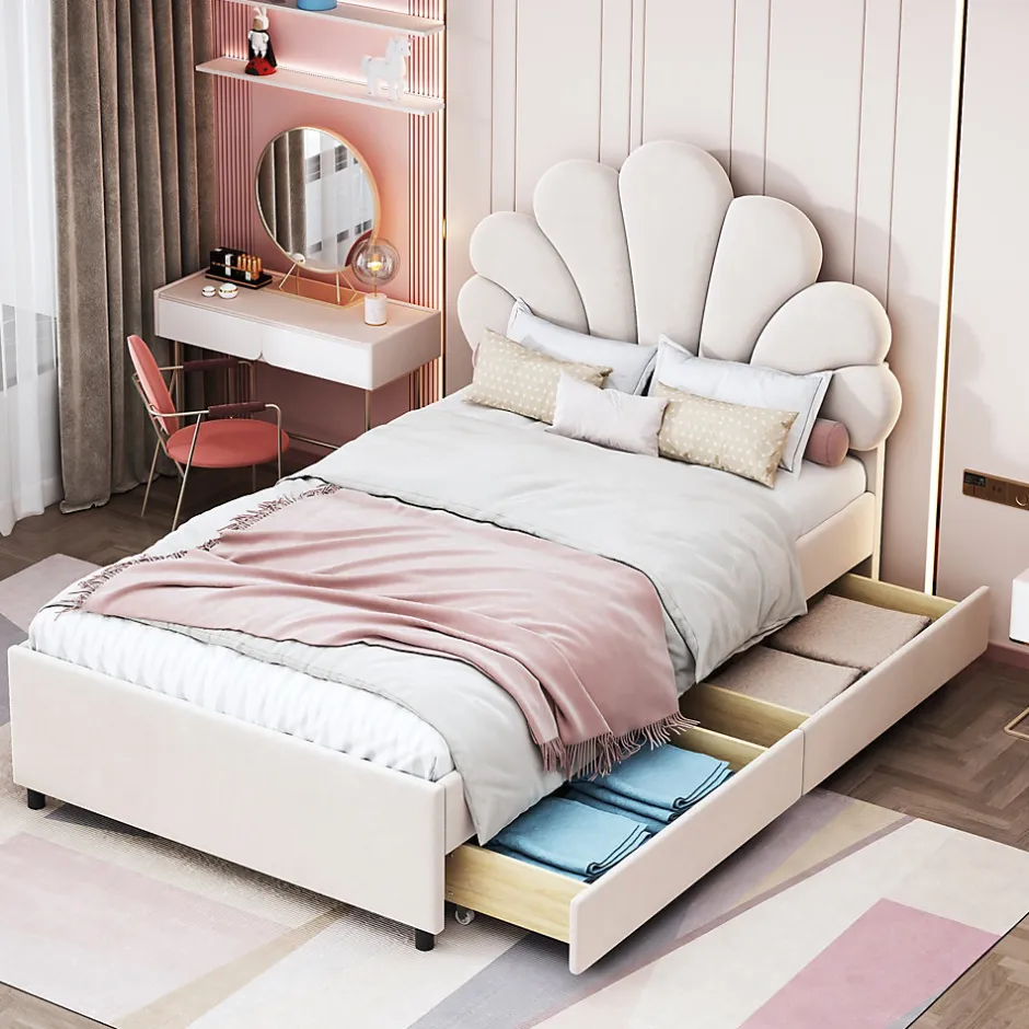 Okwish Lit avec rangement 90x200 cm simple enfant fille capitonné avec 2 ablagefächer et lattenrost, velours+bois beige, sans matelas