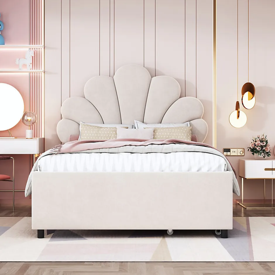 Okwish Lit avec rangement 90x200 cm simple enfant fille capitonné avec 2 ablagefächer et lattenrost, velours+bois beige, sans matelas