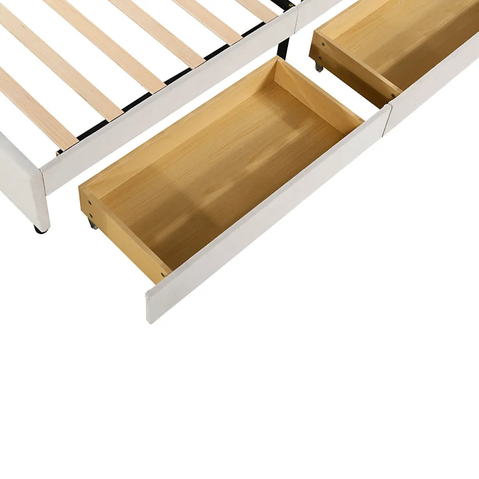 Okwish Lit avec rangement 90x200 cm simple enfant fille capitonné avec 2 ablagefächer et lattenrost, velours+bois beige, sans matelas