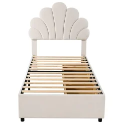 Okwish Lit avec rangement 90x200 cm simple enfant fille capitonné avec 2 ablagefächer et lattenrost, velours+bois beige, sans matelas