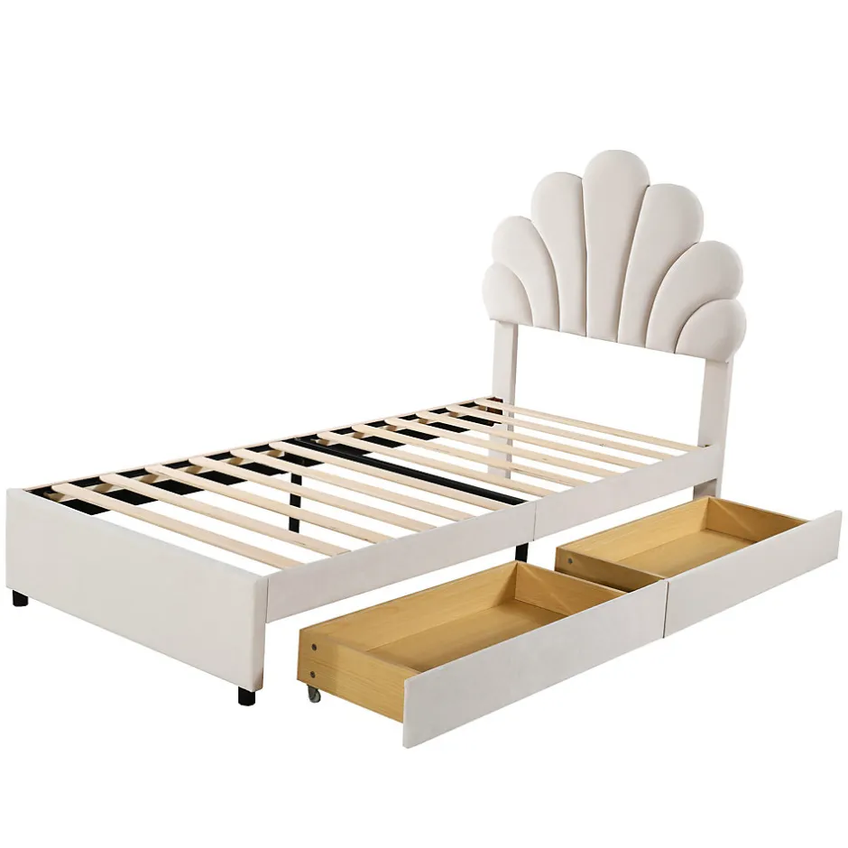 Okwish Lit avec rangement 90x200 cm simple enfant fille capitonné avec 2 ablagefächer et lattenrost, velours+bois beige, sans matelas