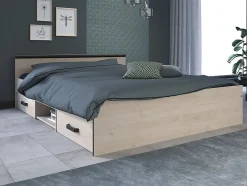 Vente-unique Lit avec rangements 140 x 190 cm - 2 tiroirs et 1 niche - Coloris : Naturel + Sommier - PABLO