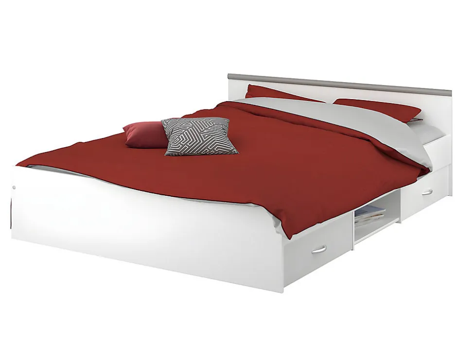 Vente-unique Lit avec rangements 140 x 190 cm - 2 tiroirs et 1 niche - Coloris : Blanc + Sommier - PABLO