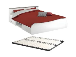 Vente-unique Lit avec rangements 140 x 190 cm - 2 tiroirs et 1 niche - Coloris : Blanc + Sommier - PABLO