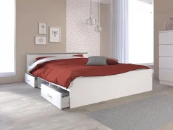 Vente-unique Lit avec rangements 140 x 190 cm - 2 tiroirs et 1 niche - Coloris : Blanc + Sommier - PABLO