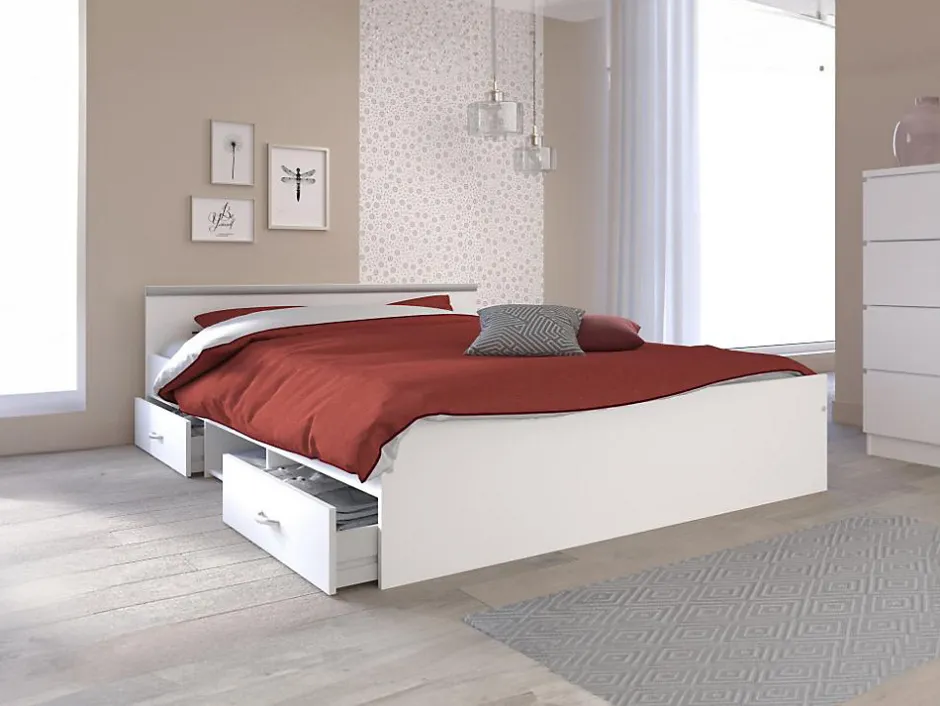Vente-unique Lit avec rangements 140 x 190 cm - 2 tiroirs et 1 niche - Coloris : Blanc + Sommier - PABLO
