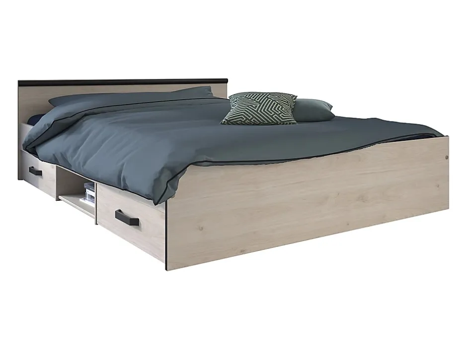 Vente-unique Lit avec rangements 140 x 190 cm - 2 tiroirs et 1 niche - Coloris : Naturel - PABLO Clearance