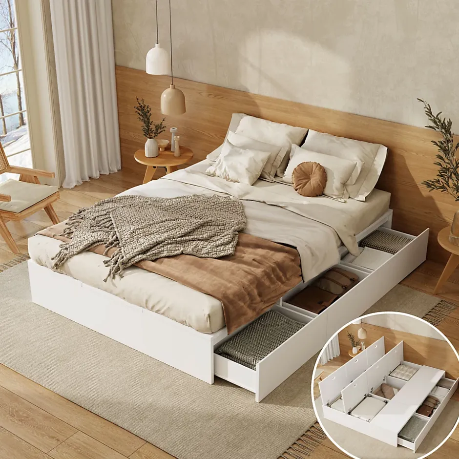 Okwish Lit avec Rangements 140x200 cm - Lit Double avec Tiroirs, Espace sous le Lit - MDF - Blanc - Sans Matelas New