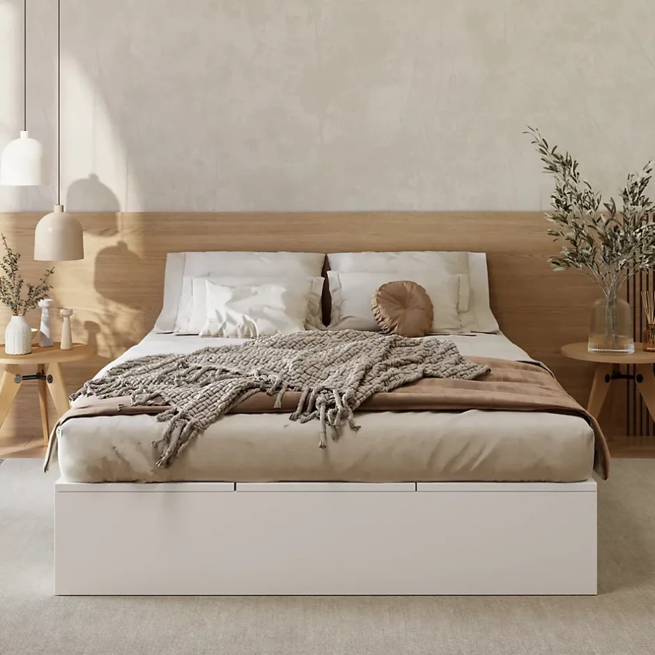 Okwish Lit avec Rangements 140x200 cm - Lit Double avec Tiroirs, Espace sous le Lit - MDF - Blanc - Sans Matelas New