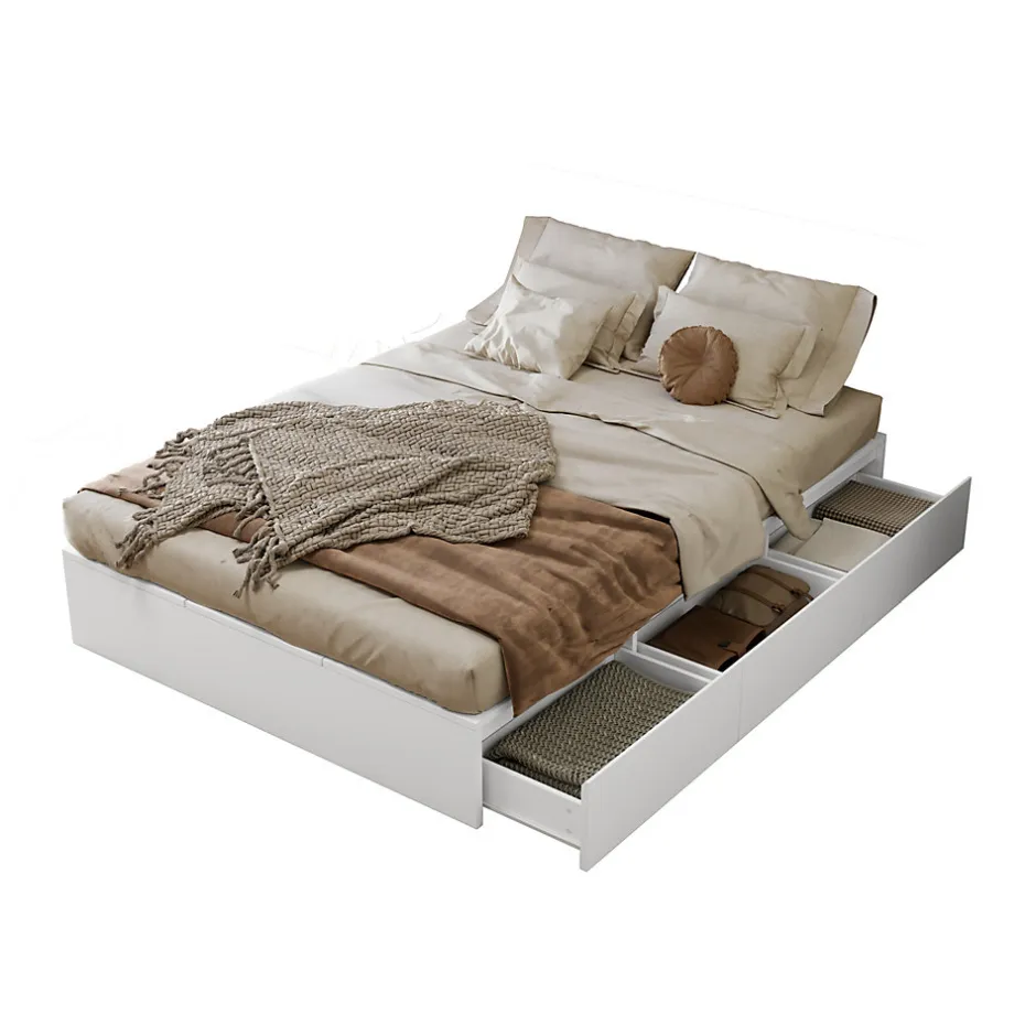 Okwish Lit avec Rangements 140x200 cm - Lit Double avec Tiroirs, Espace sous le Lit - MDF - Blanc - Sans Matelas New
