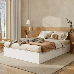 Okwish Lit avec Rangements 140x200 cm - Lit Double avec Tiroirs, Espace sous le Lit - MDF - Blanc - Sans Matelas New
