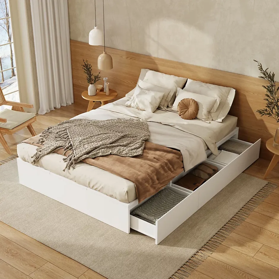 Okwish Lit avec Rangements 140x200 cm - Lit Double avec Tiroirs, Espace sous le Lit - MDF - Blanc - Sans Matelas New