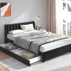 Generique Lit avec Rangements 160x200, Lit Double Capitonné en Velours Noir avec 2 Tiroirs