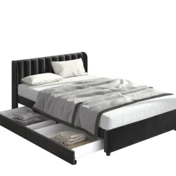 Generique Lit avec Rangements 160x200, Lit Double Capitonné en Velours Noir avec 2 Tiroirs