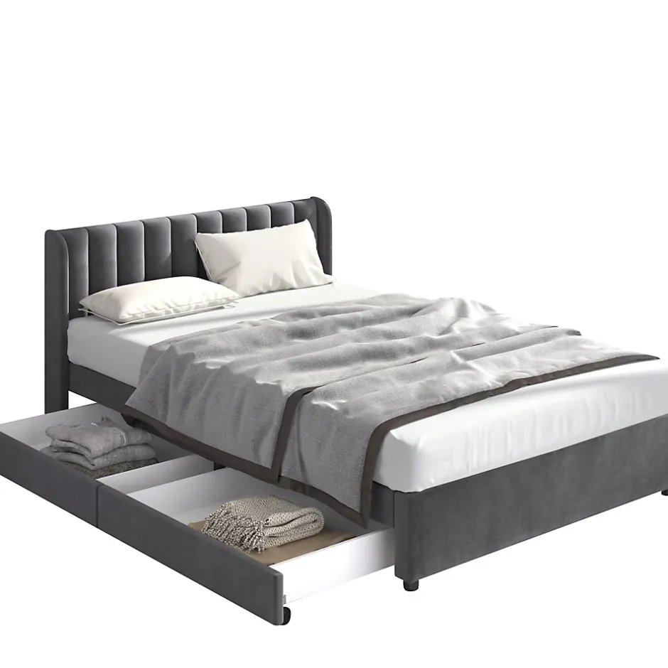 Okwish Lit avec Rangements 160x200, Lit Double Capitonné en Velours Gris avec 2 Tiroirs Online