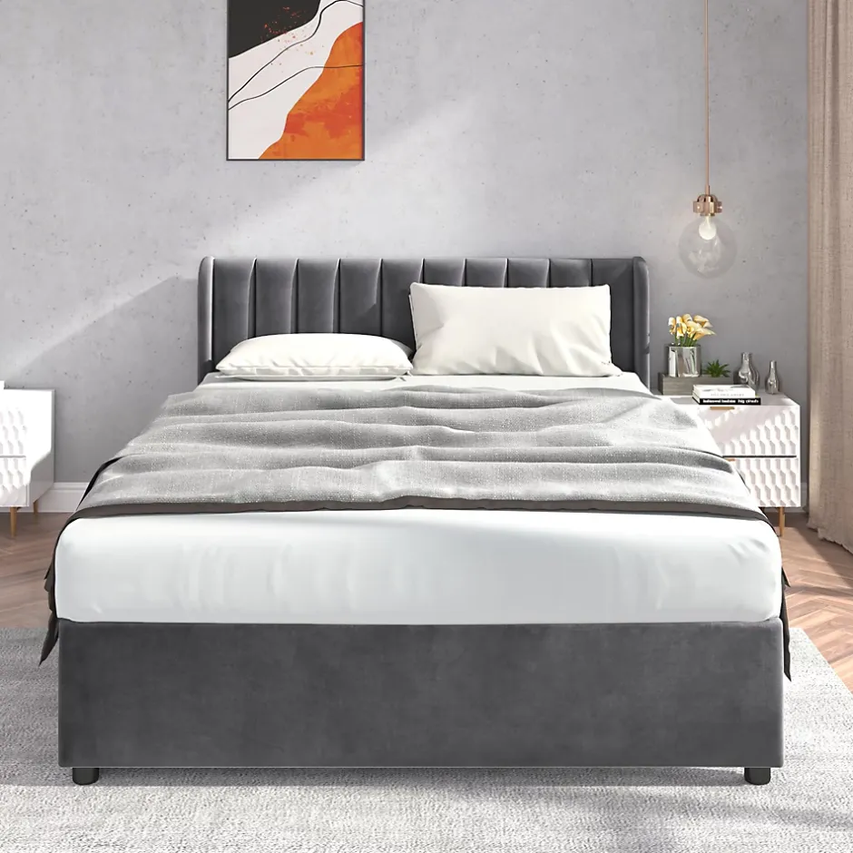 Okwish Lit avec Rangements 160x200, Lit Double Capitonné en Velours Gris avec 2 Tiroirs Online