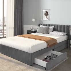 Okwish Lit avec Rangements 160x200, Lit Double Capitonné en Velours Gris avec 2 Tiroirs Online
