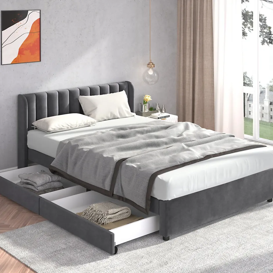 Okwish Lit avec Rangements 160x200, Lit Double Capitonné en Velours Gris avec 2 Tiroirs Online