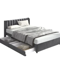 Okwish Lit avec Rangements 140x200, Lit Double Capitonné avec 2 Tiroirs, Velours Gris