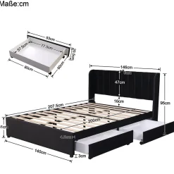 Okwish Lit avec Rangements 140x200, Lit Double Capitonné avec 2 Tiroirs, Velours Noir Online