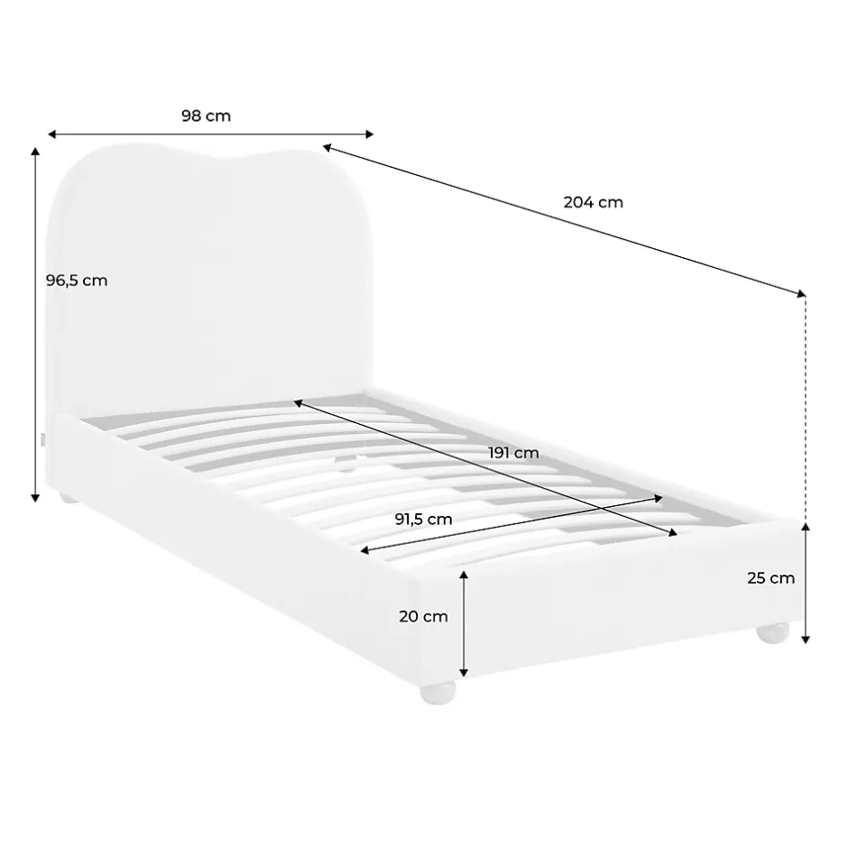 Sweeek Lit avec sommier à lattes et tête de lit. blanc finition bouclette. L204 x P98 x H96.5cm