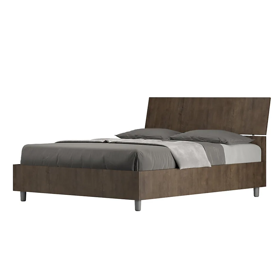 Ityhome Lit avec sommier à lattes 140x190, tête de lit inclinée Demas en noyer