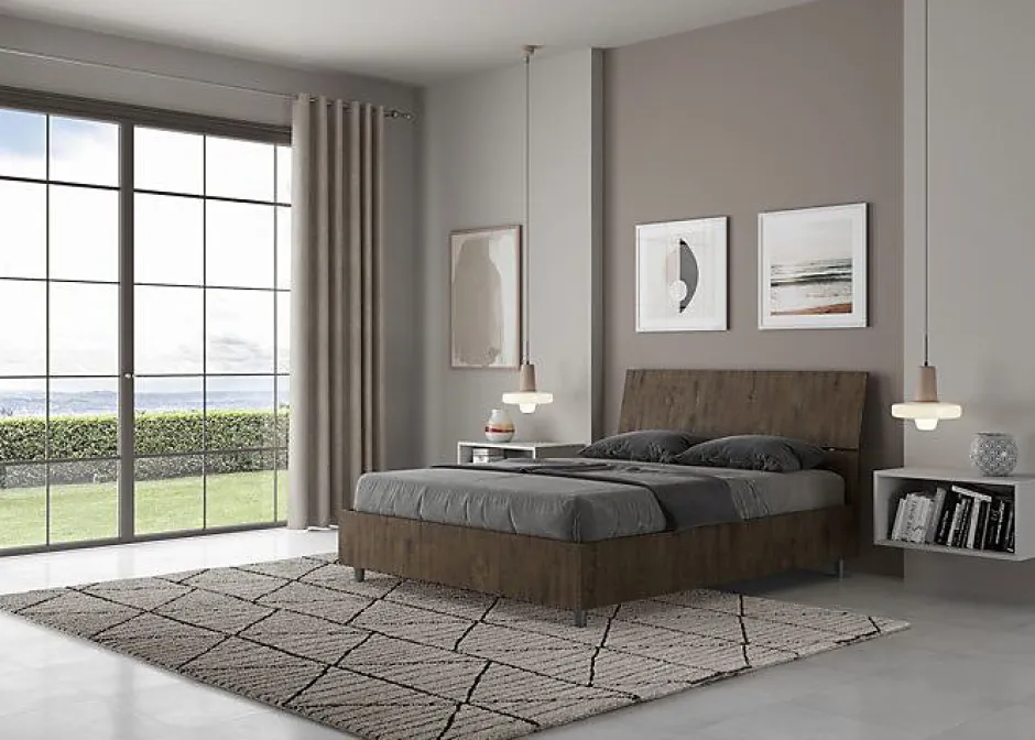 Ityhome Lit avec sommier à lattes 140x190, tête de lit inclinée Demas en noyer