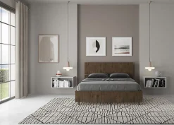 Ityhome Lit avec sommier à lattes 140x190, tête de lit inclinée Demas en noyer