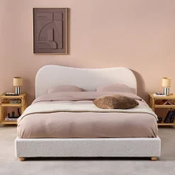 Sweeek Lit avec sommier à lattes et tête de lit. blanc finition bouclette. L214.5 x P168 x H97cm