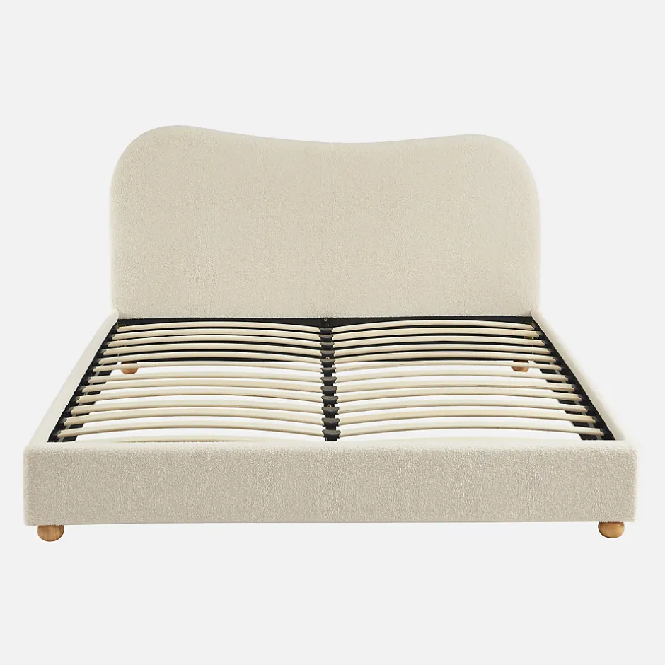 Sweeek Lit avec sommier à lattes et tête de lit. blanc finition bouclette. L214.5 x P168 x H97cm