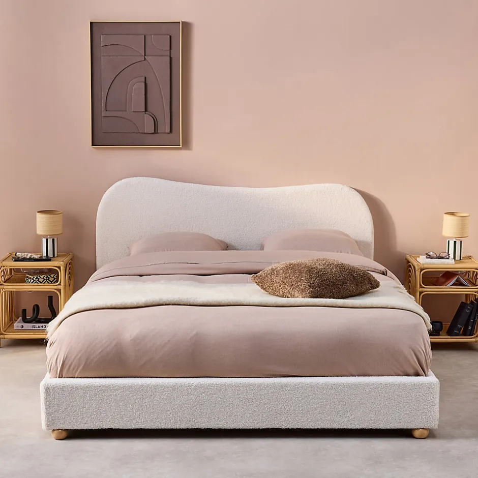 Sweeek Lit avec sommier à lattes et tête de lit. blanc finition bouclette. L214.5 x P168 x H97cm