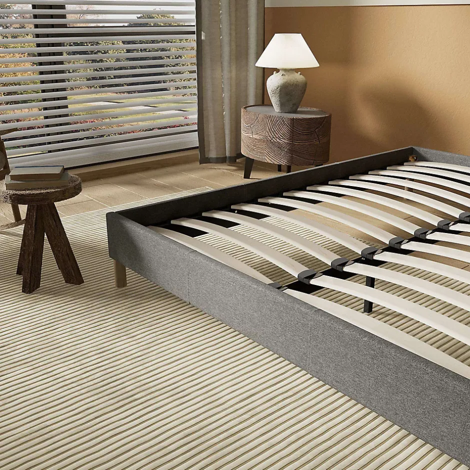 November Lit avec sommier lattes en bois - 140x190 cm - Tissu Gris - Pieds en bois