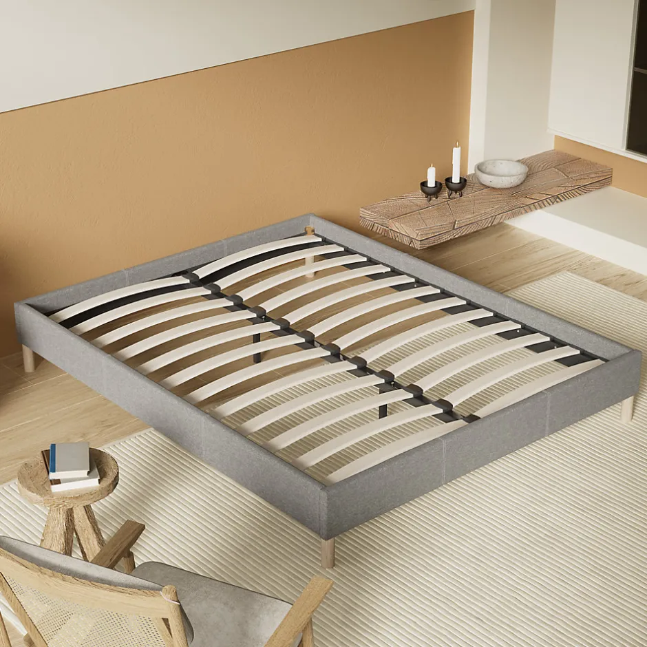 November Lit avec sommier lattes en bois - 140x190 cm - Tissu Gris - Pieds en bois