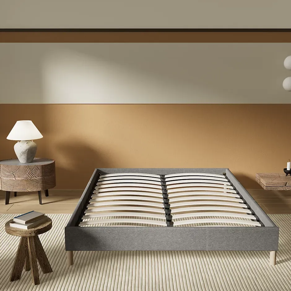 November Lit avec sommier lattes en bois - 160x200 cm - Tissu Gris - Pieds en bois Best