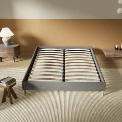 November Lit avec sommier lattes en bois - 160x200 cm - Tissu Gris - Pieds en bois Best