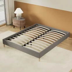 November Lit avec sommier lattes en bois - 160x200 cm - Tissu Gris - Pieds en bois Best
