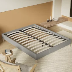 November Lit avec sommier lattes en bois - 160x200 cm - Tissu Gris - Pieds en bois Best