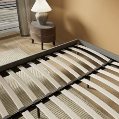 November Lit avec sommier lattes en bois - 140x200 cm - Tissu Gris - Pieds en bois