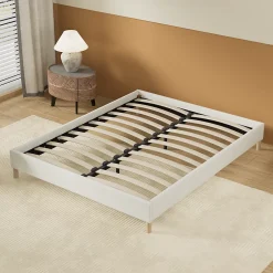 November Lit avec sommier lattes en bois - 160x200 cm - Tissu Blanc - Pieds en bois Discount