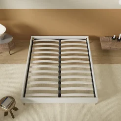 November Lit avec sommier lattes en bois - 140x190 cm - Tissu Blanc - Pieds en bois