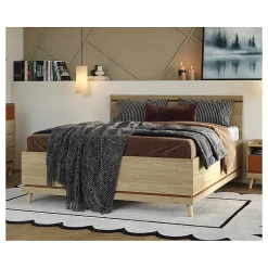 Meublorama Lit avec sommier NOKI 180x200 cm chene clair et moka Style scandinave Online