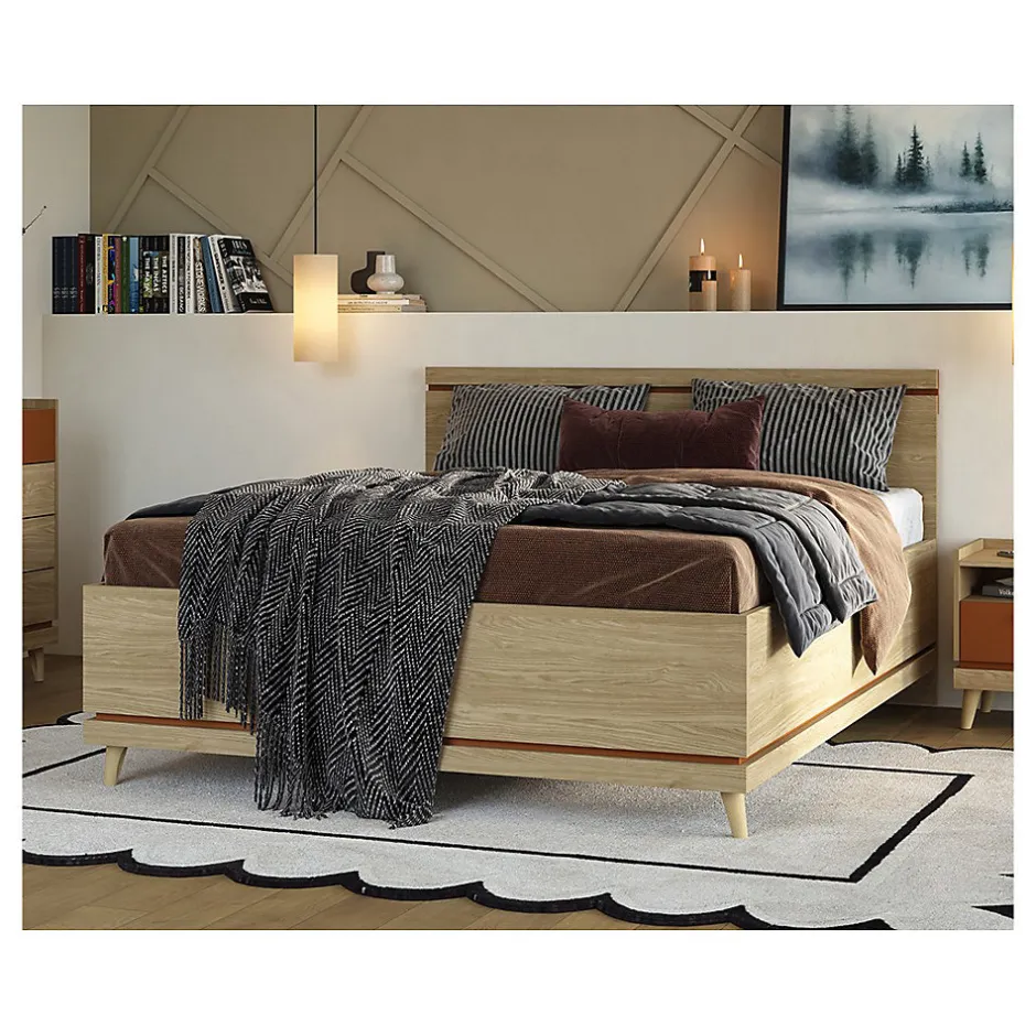 Meublorama Lit avec sommier NOKI 180x200 cm chene clair et moka Style scandinave Online