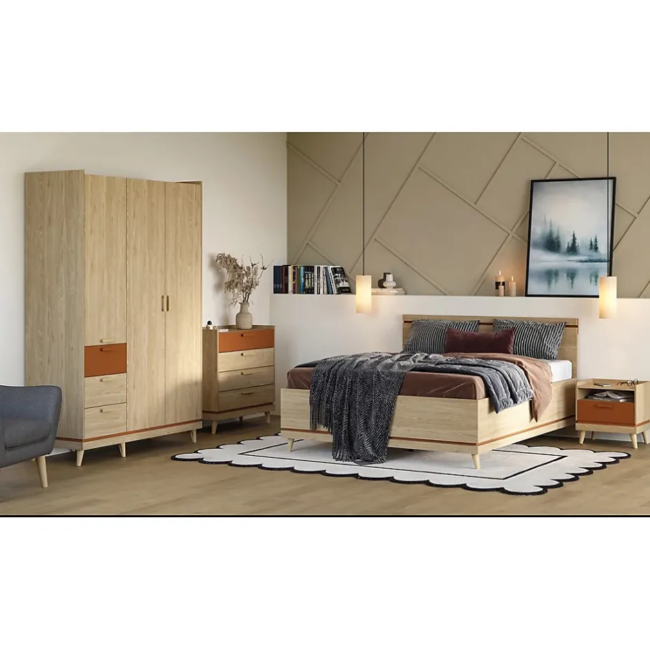 Meublorama Lit avec sommier NOKI 180x200 cm chene clair et moka Style scandinave Online